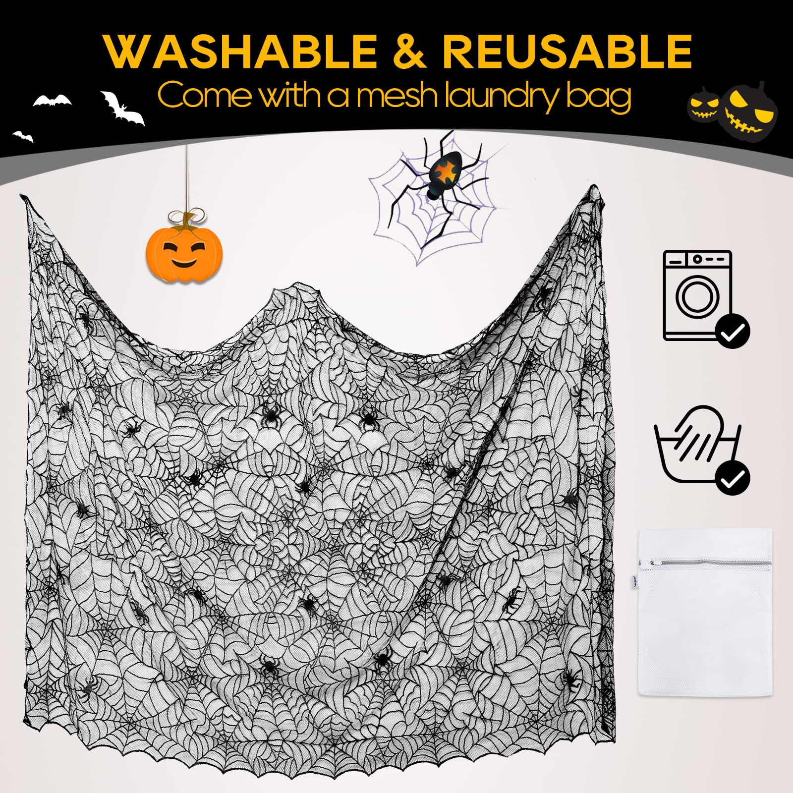 eZAKKA Halloween Table Cloth, 60"x104" Spider Webs Tablecloths Black Tablecloth Lace Fabric Table Cloths Spooky Table Cover for Rectangle Tables for Parties Gothic Halloween Home Decorations