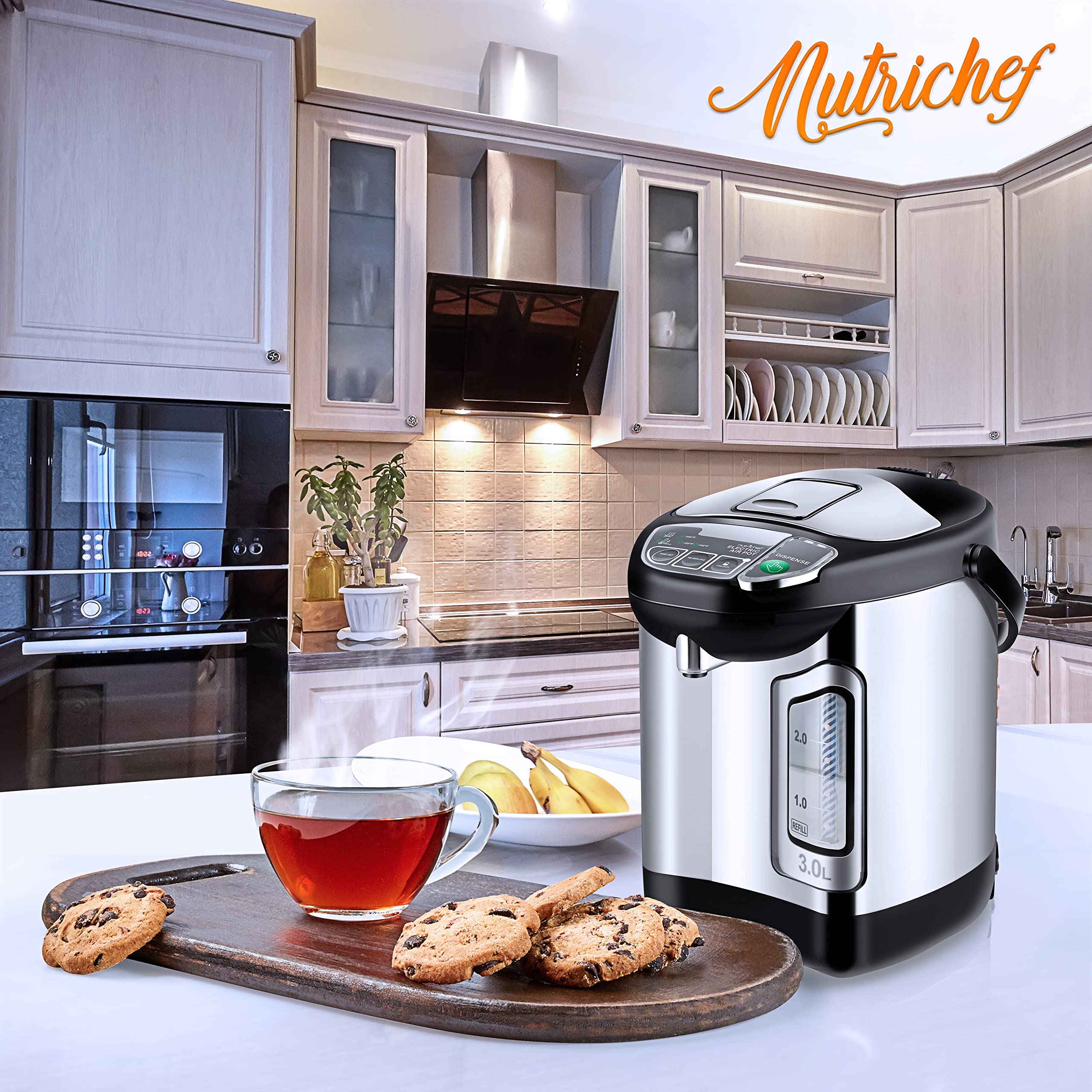 NutriChefKitchen Electric Water Boiler and Warmer - 3L/3.17 Qt Stainless Steel Electric Hot Water Dispenser w/Rotating Base, Auto Shut Off, Safety Lock, Instant Heating for Coffee & Tea (NCHUB13)