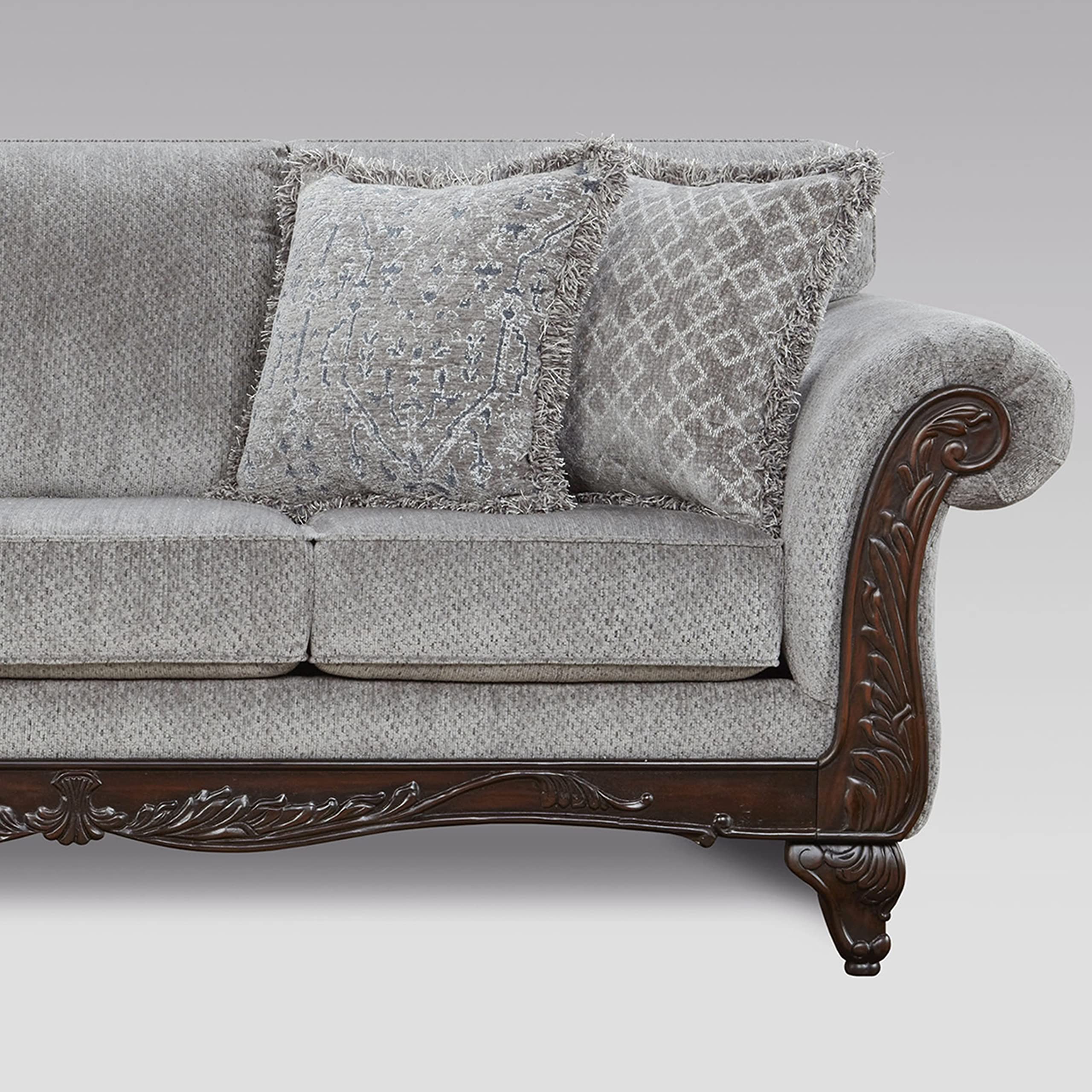 Roundhill Furniture Hernen Carved Wood Frame Sofa, Gray