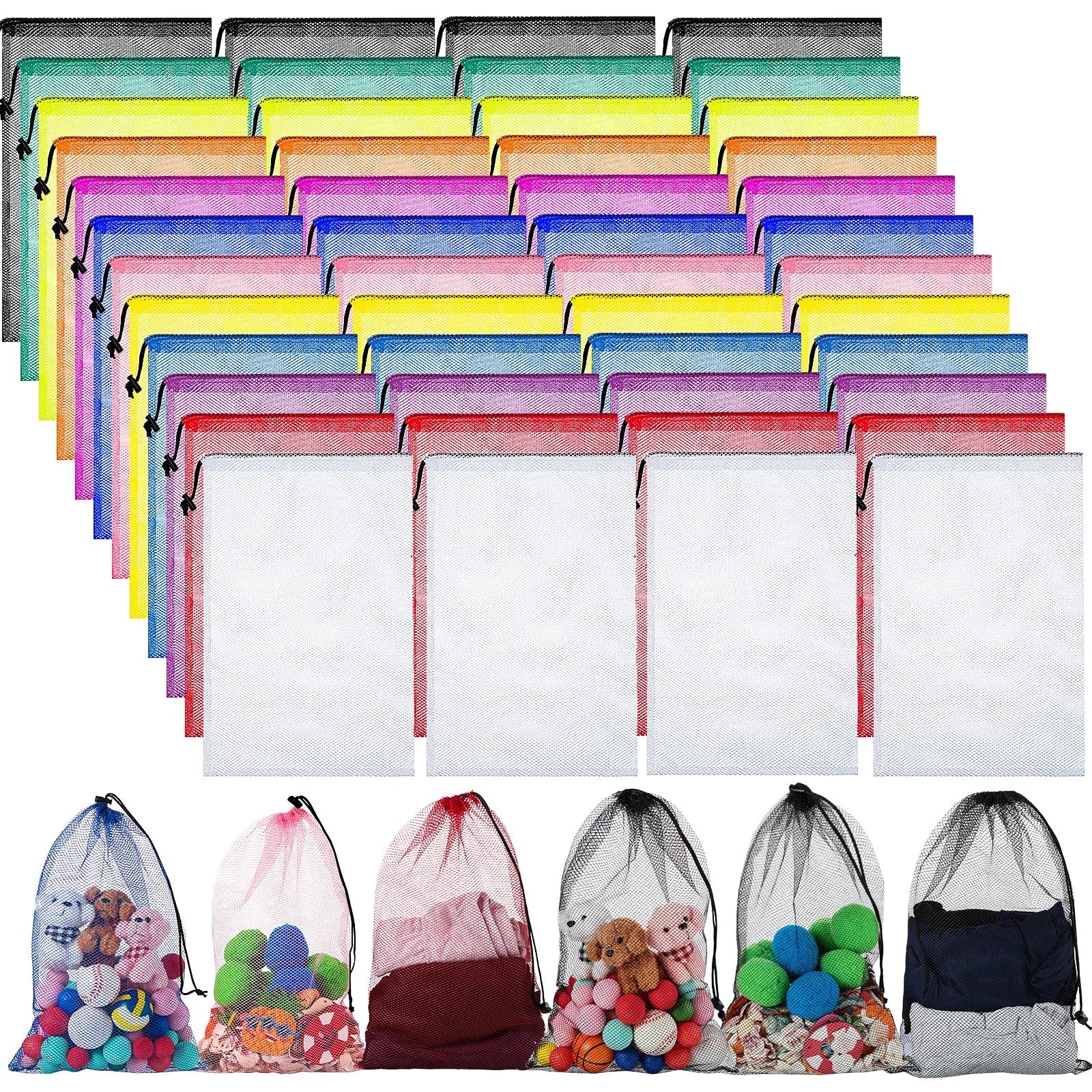 48 Pcs Mesh Laundry Bags Mesh Drawstring Bags Toy Storage Bags, 18 x 12 Inch Mesh Drawstring Gym Bag Nylon Stuff Sack Mesh Ball Bag for Travel Toy Sports (Vivid Color)