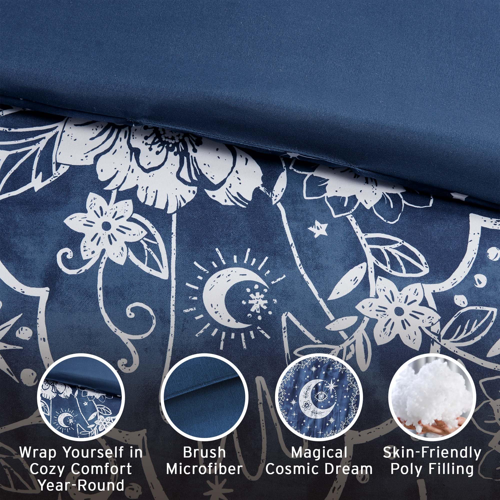 Intelligent Design Queen Duvet Cover Set Cosmic, Moon and Sun Celestial Print Duvet Cover Queen Size, Lightweight All Season Bedding Cover Queen, Sham, Décor Pillow, Stella, Full/Queen, Navy 5 Piece