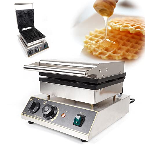 Commercial Belgian Waffle Iron, 4 Grids 1750W Stainless Steel Nonstick Double Side Waffle Maker Machine Electric Round Waffle Baker for Bakery, Restaurant, Snack Bar, Home