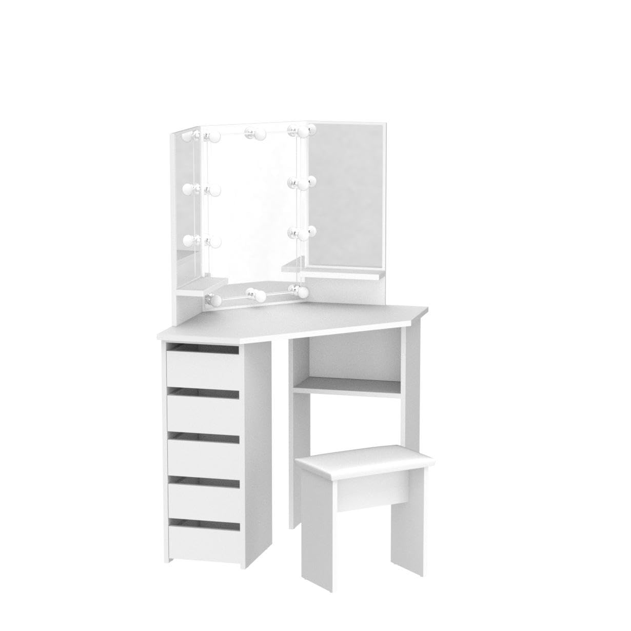 VOWNER Vanity Desk with Mirror and Lights - Vanity with 3 Lighting Options, Adjustable Brightness, Vanity Set with 5 Sliding Drawers, Shelves and Vanity Stool, Corner Vanity for Women Girls, White 43"