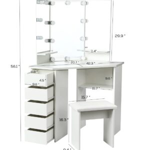 VOWNER Vanity Desk with Mirror and Lights - Vanity with 3 Lighting Options, Adjustable Brightness, Vanity Set with 5 Sliding Drawers, Shelves and Vanity Stool, Corner Vanity for Women Girls, White 43"