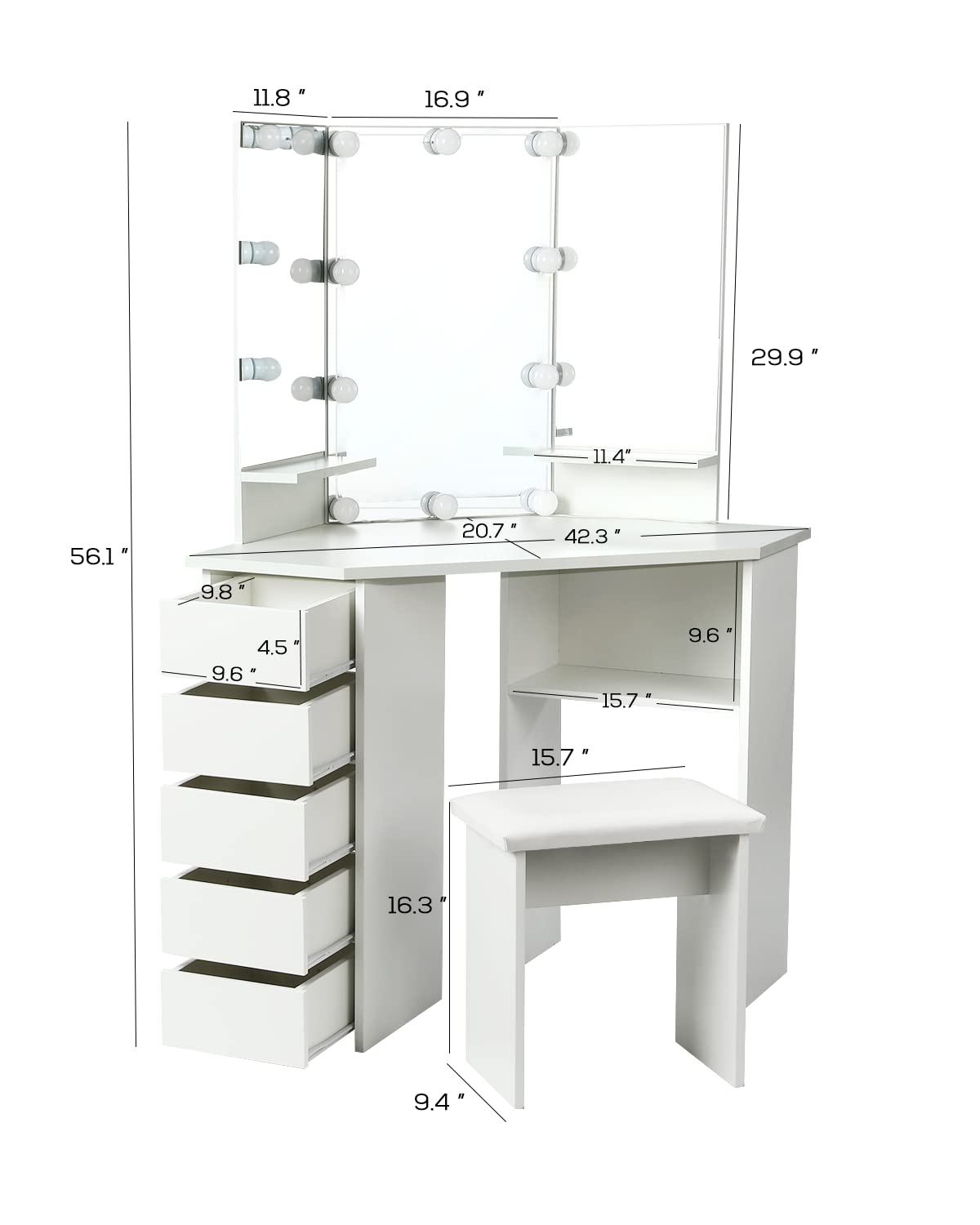 VOWNER Vanity Desk with Mirror and Lights - Vanity with 3 Lighting Options, Adjustable Brightness, Vanity Set with 5 Sliding Drawers, Shelves and Vanity Stool, Corner Vanity for Women Girls, White 43"