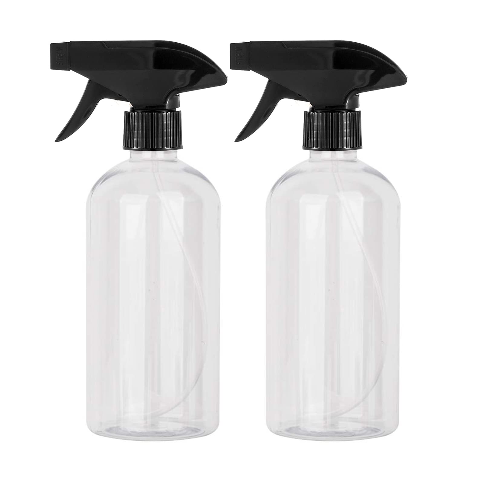 UUJOLY 17 oz Plastic Spray Bottle Trigger Empty Spray Bottles Clear Refillable Container for Water, Essential Oils, Hair, Cleaning Products, Adjustable Head Sprayer and Stream, Clear, 2 Pack