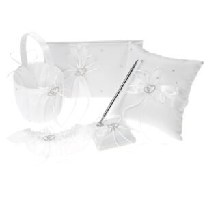 wedding supplies double heart satin flower girl basket ring bearer pillow guest book pen holder bride garter set(satin-5pcs)