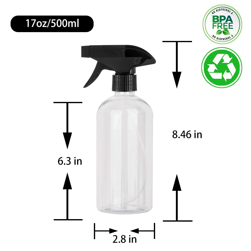 UUJOLY 17 oz Plastic Spray Bottle Trigger Empty Spray Bottles Clear Refillable Container for Water, Essential Oils, Hair, Cleaning Products, Adjustable Head Sprayer and Stream, Clear, 2 Pack