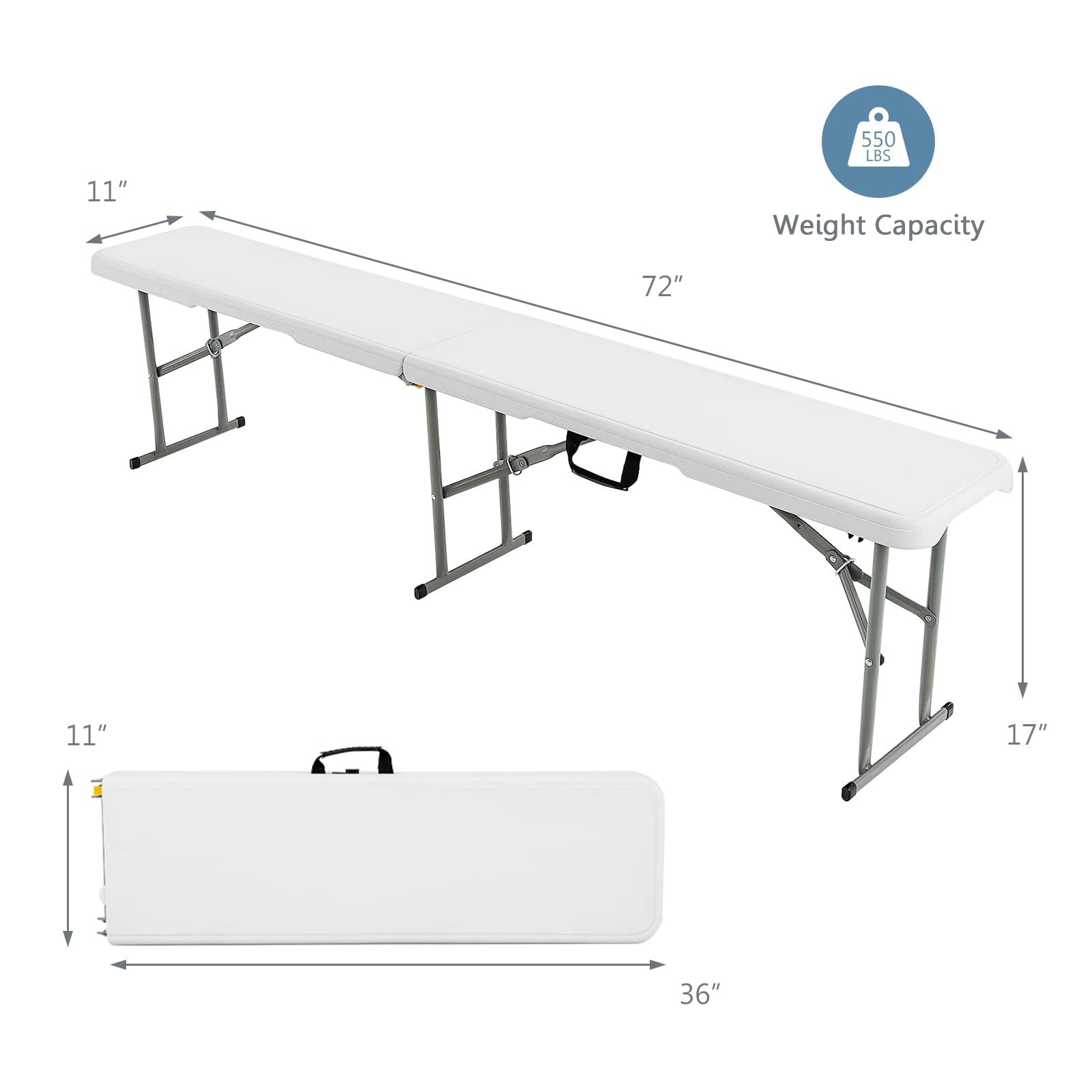 Giantex 6 Feet Folding Bench, Set of 2 Portable Indoor Outdoor Seat for Picnic Camping Party Dining, Foldable Bench with Carrying Handle 550 lbs Capacity Off White