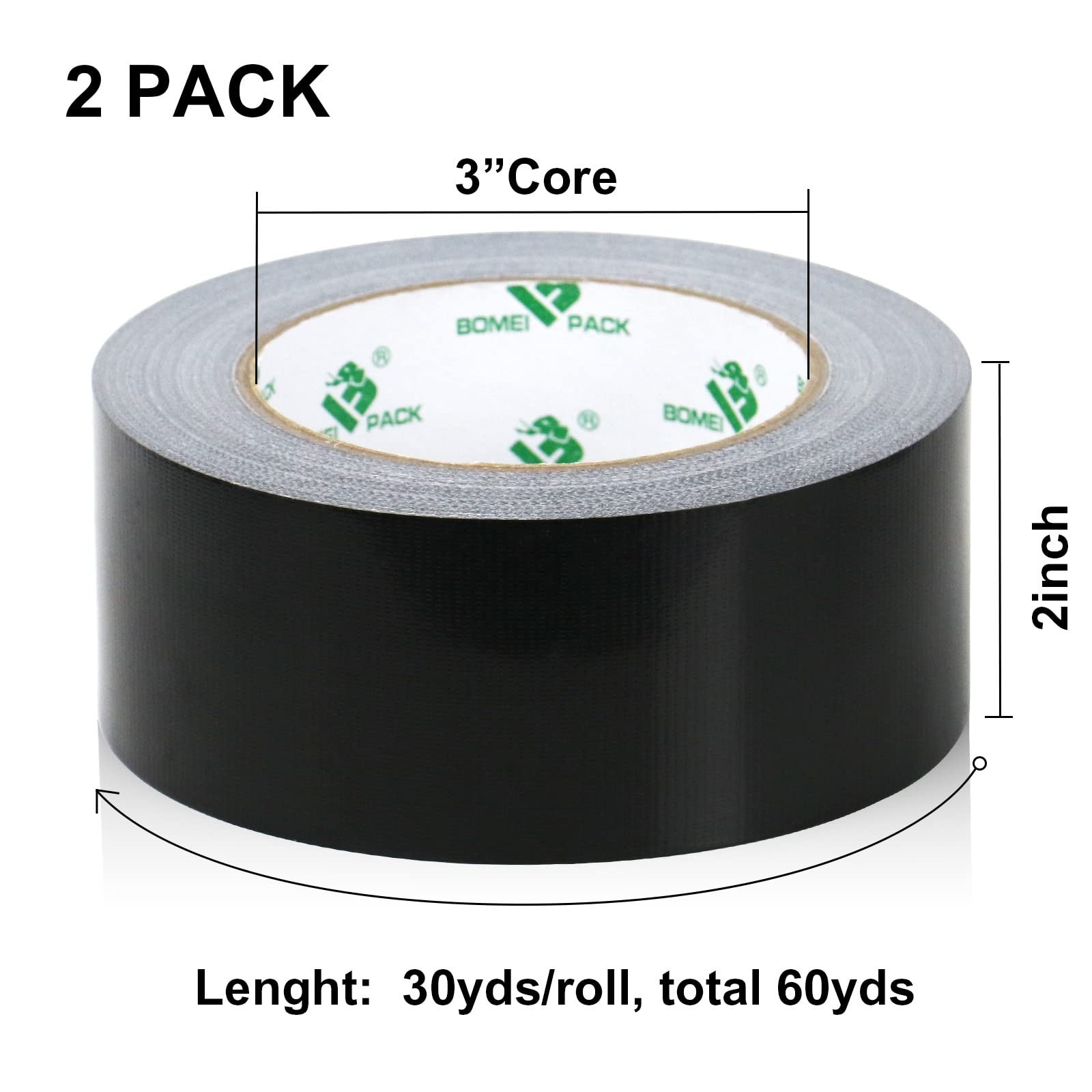 2 Pack Duct Tape Heavy Duty,9 Mil Thickness,2 Inches x 30 Yards,Strong Industrial Strength,Flexible,No Residue,Waterproof and Tear by Hand,Multi-Use for Indoor & Outdoor Repairs(Black)