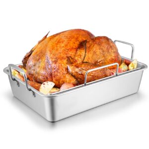 roasting pan with rack for turkey chicken, joyfair stainless steel roaster pan and v-rack for toaster oven, rectangular bakeware with sturdy handles, heavy duty & dishwasher safe (large)