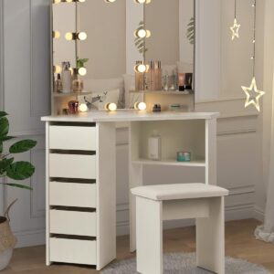 VOWNER Vanity Desk with Mirror and Lights - Vanity with 3 Lighting Options, Adjustable Brightness, Vanity Set with 5 Sliding Drawers, Shelves and Vanity Stool, Corner Vanity for Women Girls, White 43"