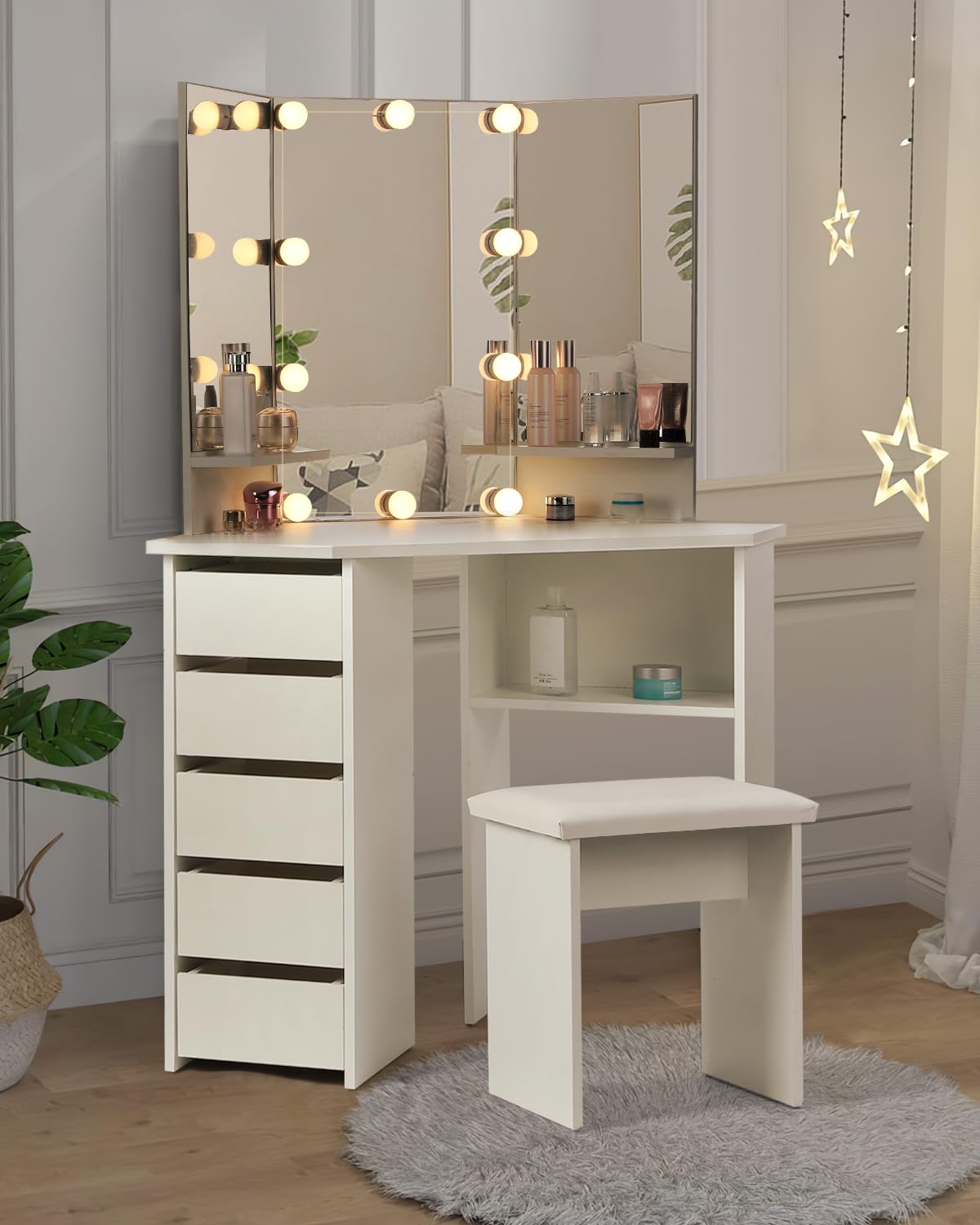 VOWNER Vanity Desk with Mirror and Lights - Vanity with 3 Lighting Options, Adjustable Brightness, Vanity Set with 5 Sliding Drawers, Shelves and Vanity Stool, Corner Vanity for Women Girls, White 43"