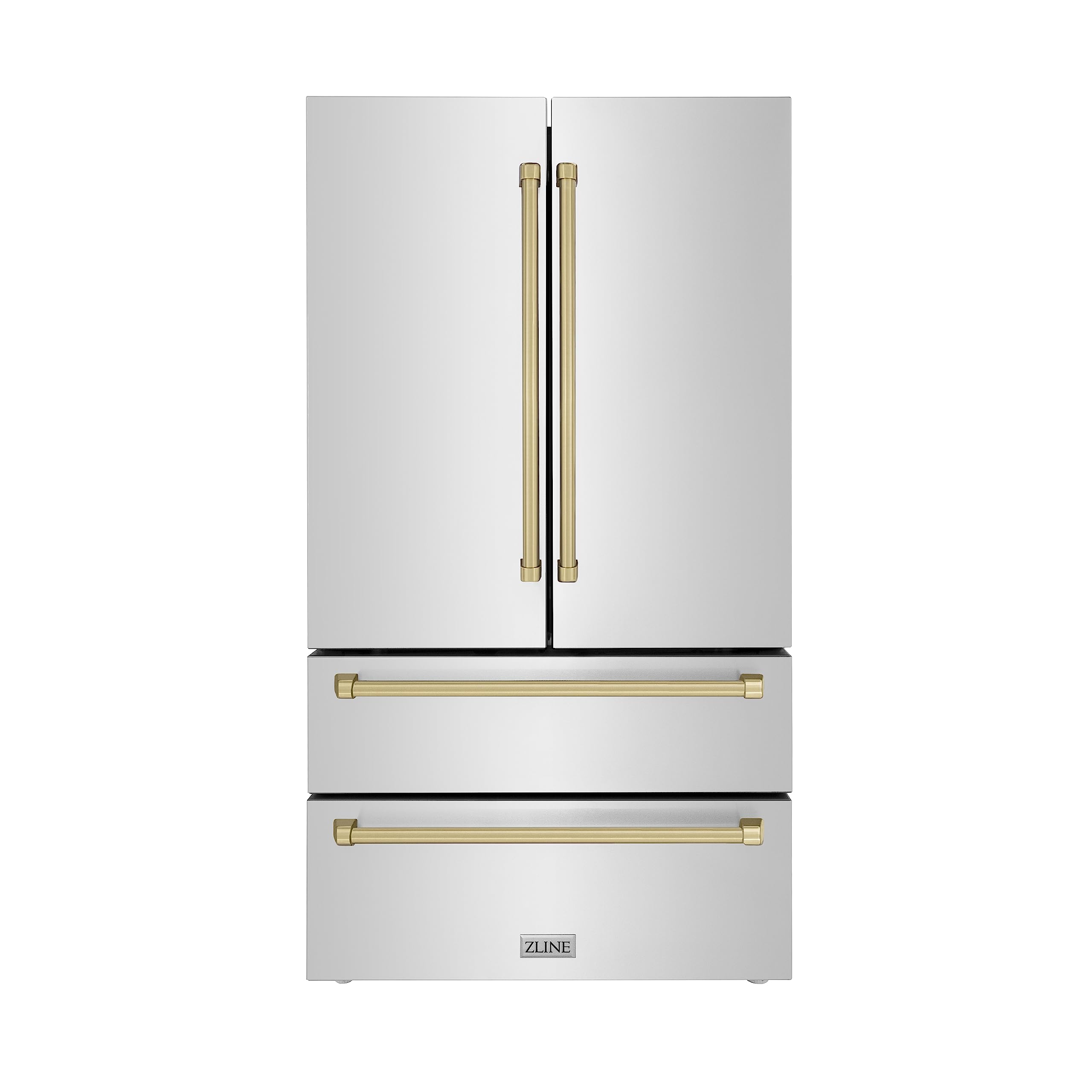 ZLINE 36" Autograph Edition 22.5 cu. ft 4-Door French Door Refrigerator with Ice Maker in Fingerprint Resistant Stainless Steel with Champagne Bronze Traditional Handles (RFMZ-36-CB)