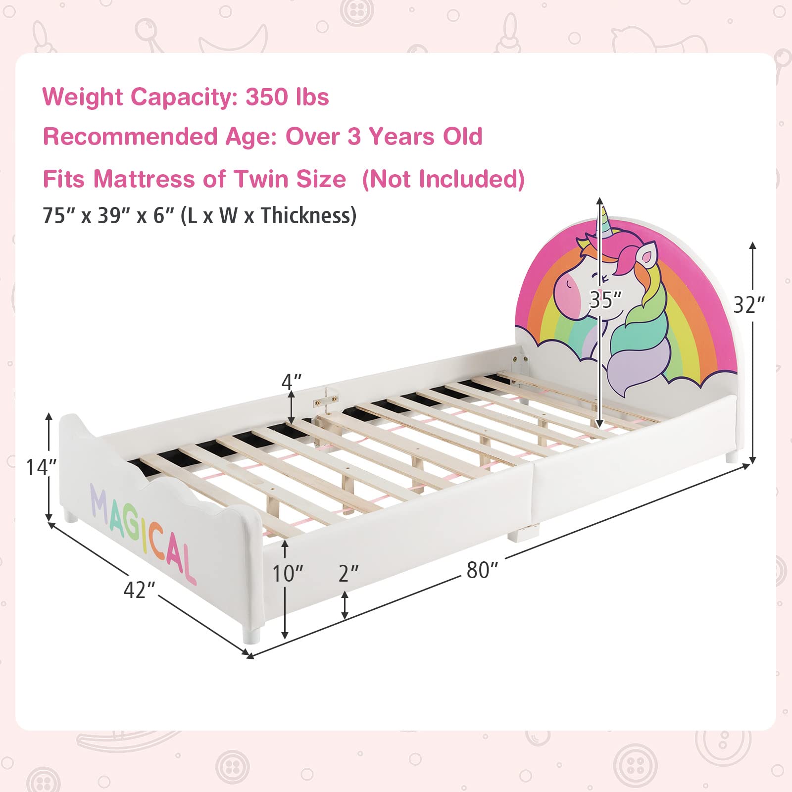 Costzon Twin Bed Frames for Kids, Wood Upholstered Twin Bed Platform with Slat Support, Padded Headboard&Footboard, No Box Spring Needed, Easy Assembly, Fits Standard Twin Mattress (Rainbow)