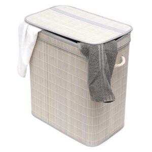 Home Basics 2 Compartment Foldable Rectangle Bamboo Hamper with Liner (Grey)