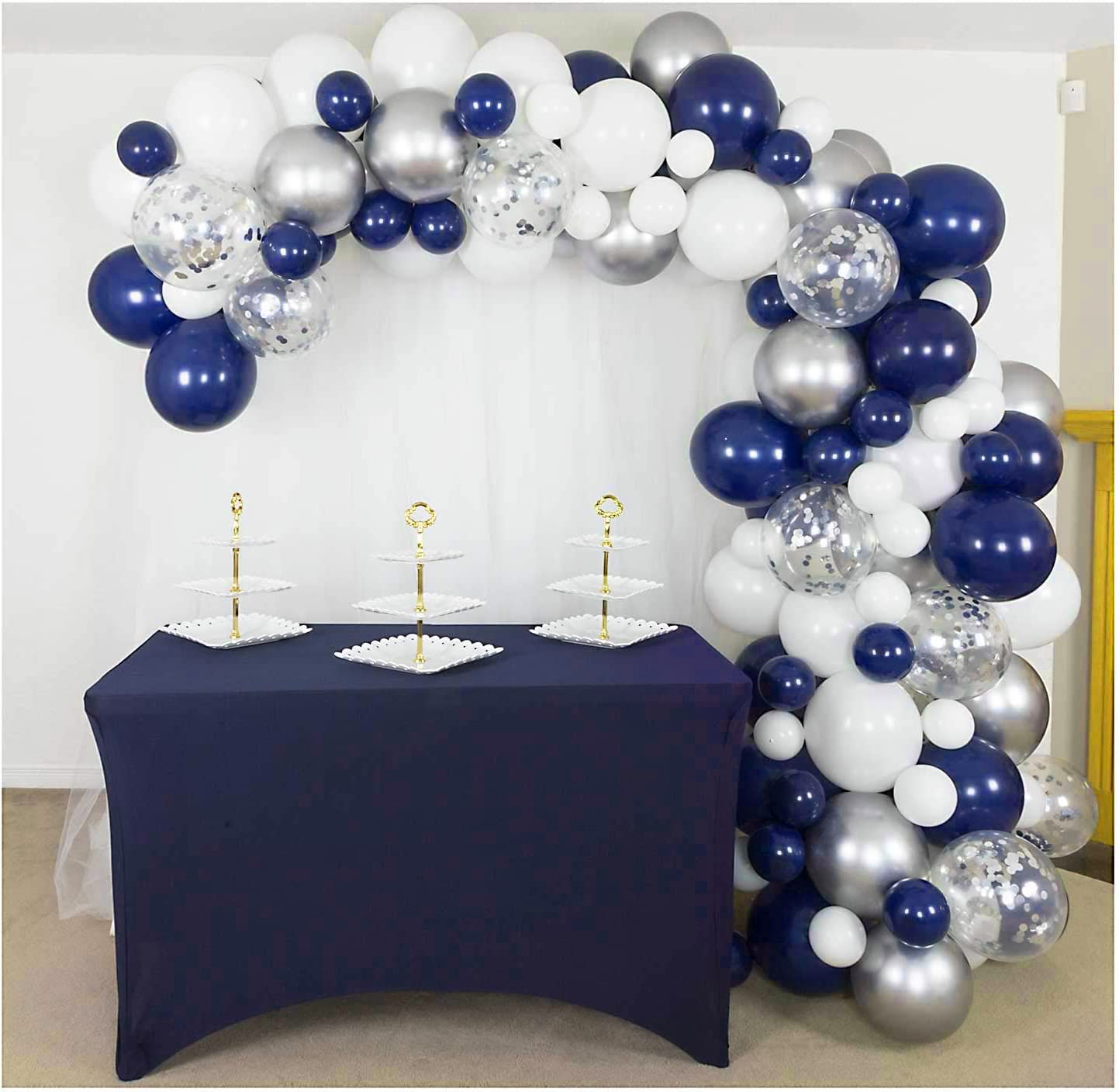 Navy Blue Silver Balloons Arch Kit 130 PCS Navy Blue Balloon Garland With White Silver Confetti Latex Balloons Different Sizes For Graduation Rugby Baby Shower Wedding Birthday Party Decorations