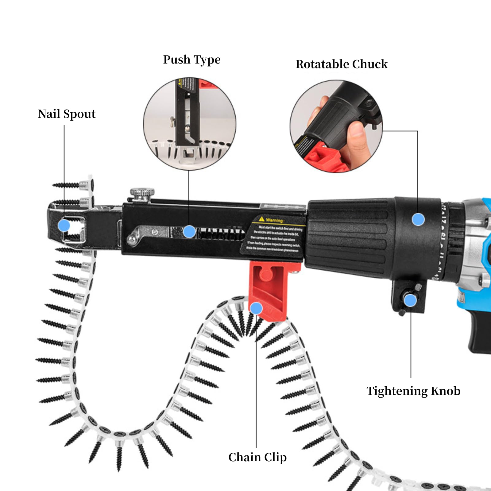 Auto Feed Screw Guns, Collated Screw Guns Chain Nail Guns Adapter Automatic Electric Drill Screw Tightening Equipment Installed on Electric Drill for Gypsum Board/Partition Wall/Wood Board/Ceiling