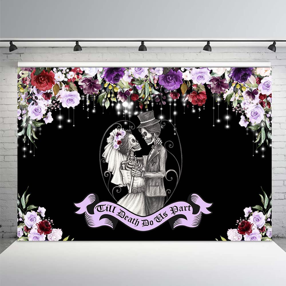 MEHOFOND 7x5ft Halloween Till Death Do Us Part Backdrop for Spooky Wedding Gothic Bridal Shower Background Violet Floral Mr and Mrs Bride and Groom Skull Anniversary Party Decorations Photo Props