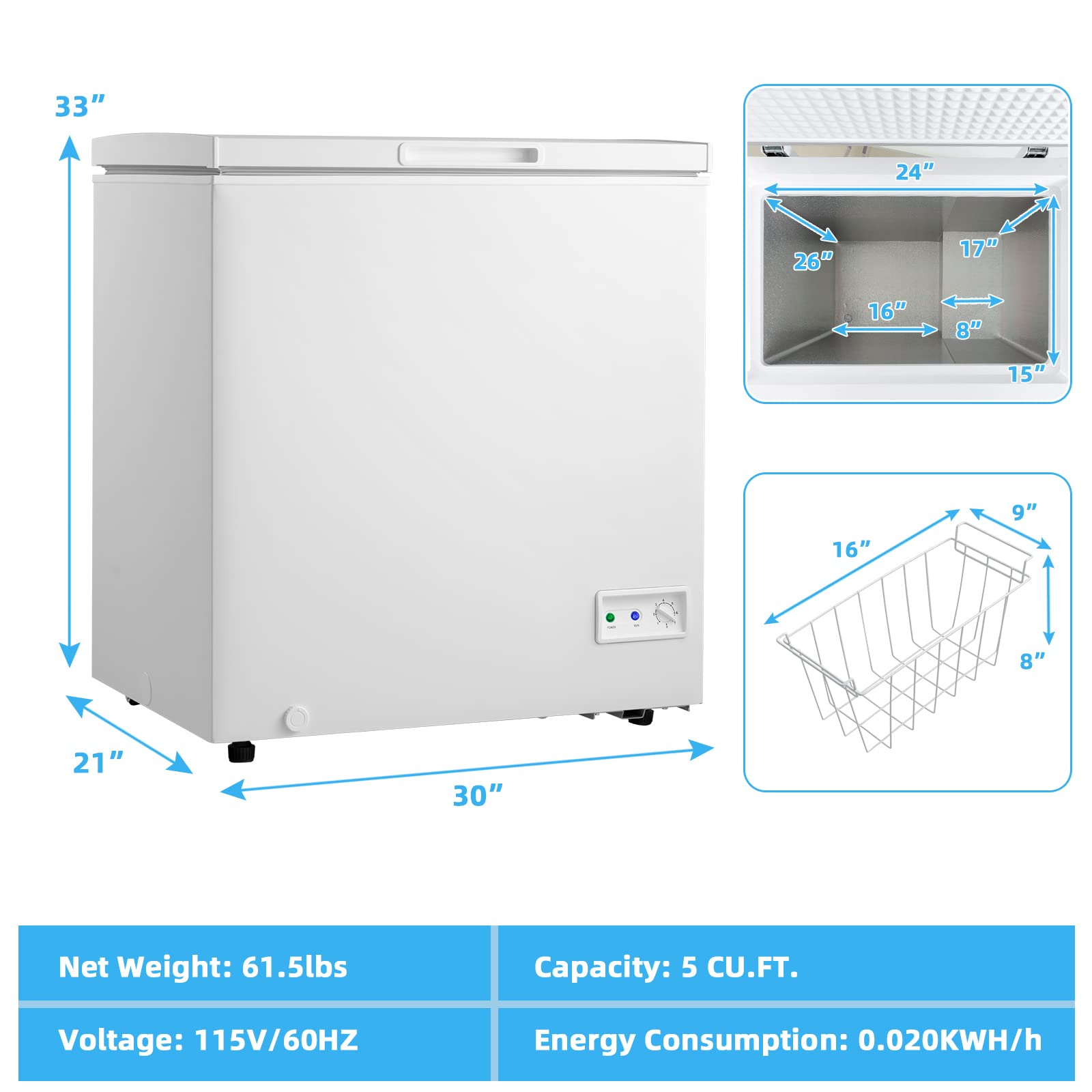 PETSITE 5 cu ft Chest Freezer, Compact Deep Freezer w/ 7-Grade Adjustable Temperature, Removable Storage Basket & 2 Wheels, Quiet & Energy-saving Freezer for Kitchen Apartment Office, White