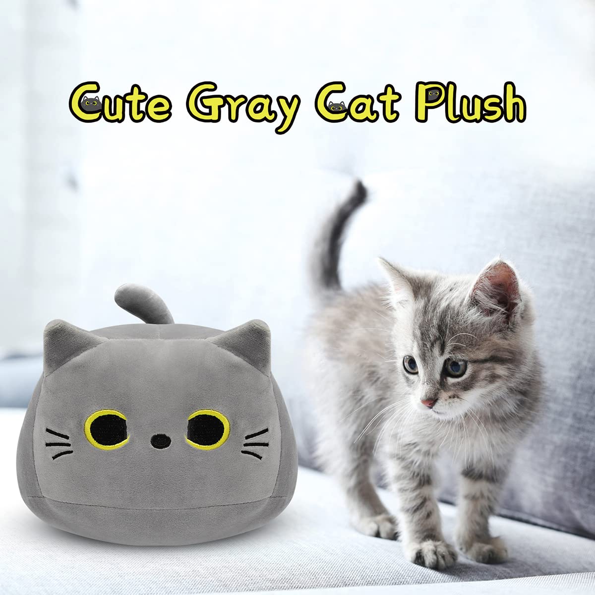 3D Kawaii Fat Grey Cat Plush Pillow, 8-Inch Soft Stuffed Animal Toy for Kids