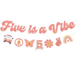 five is a vibe banner groovy 5th birthday decorations hippie banner boho decor retro flower daisy 60's 70's theme for kids girl boy bday party supplies