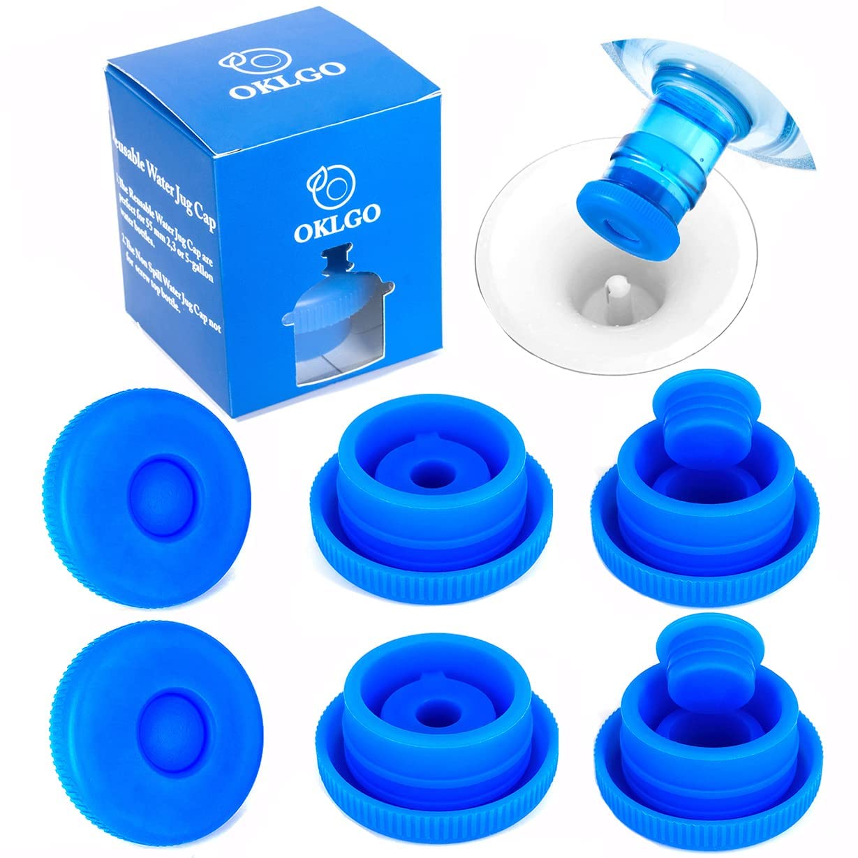 5 Gallon Water Jug Cap Reusable - Non-Spill 55mm Water Bottle Caps,Silicone Replacement Cap Lids Anti Splash 6 Pack