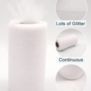 Glitter Tulle Fabric Rolls, 6 Inch 50 Yards (150ft) Sparkling Spool Ribbon Sequin Netting for Tutu Skirt Gift Wrapping Wedding Party Decoration (White)