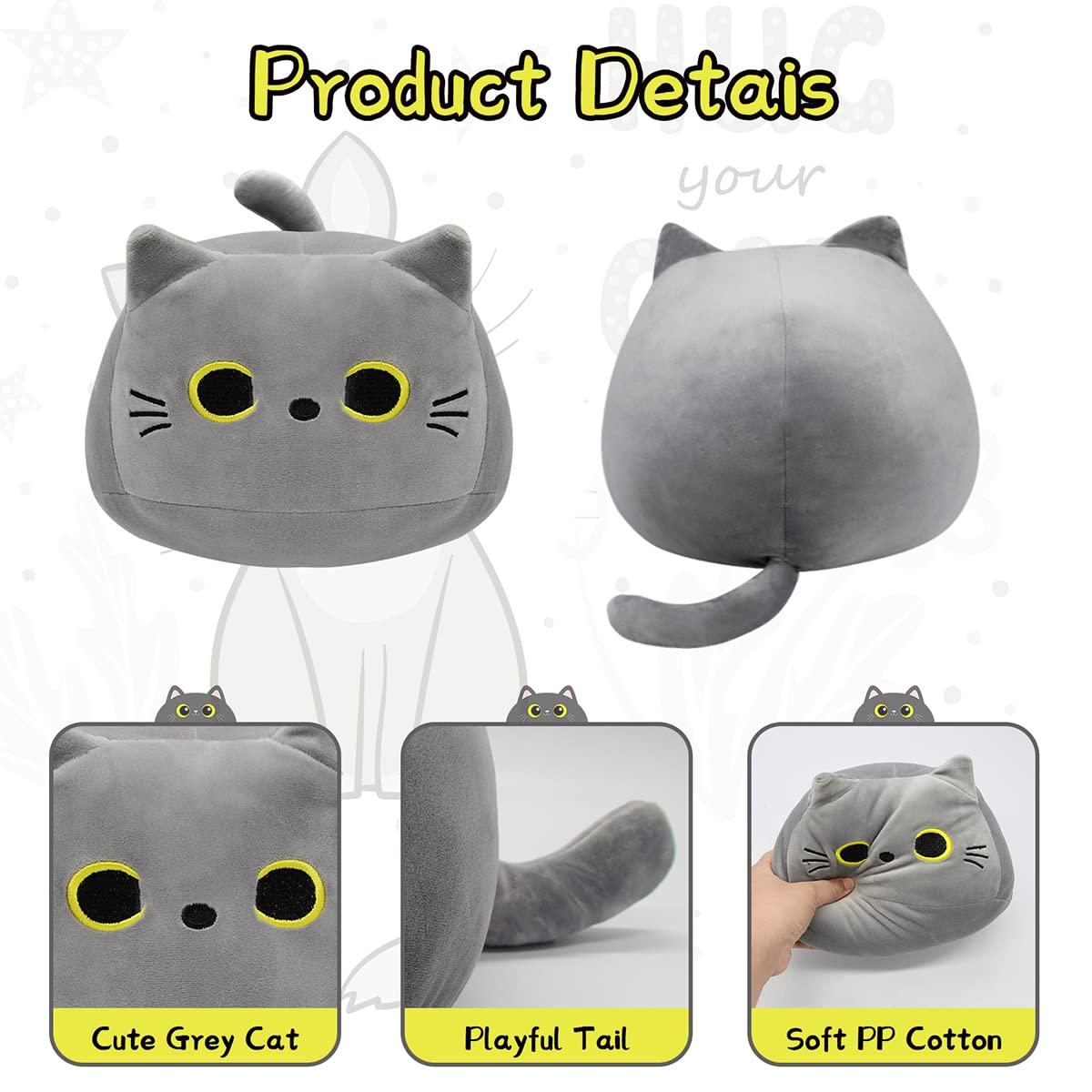 3D Kawaii Fat Grey Cat Plush Pillow, 8-Inch Soft Stuffed Animal Toy for Kids