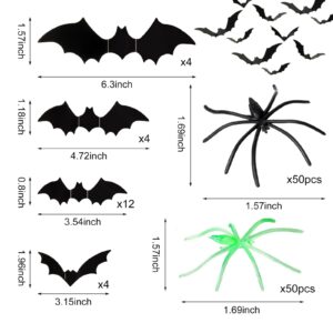 4 Pcs Halloween Glow in The Dark Spider Web Halloween Decorations with 100 Pieces Fake Spiders and 24 Pieces Bat Decor for Halloween Eve DIY Window Home Wall Indoor Outdoor