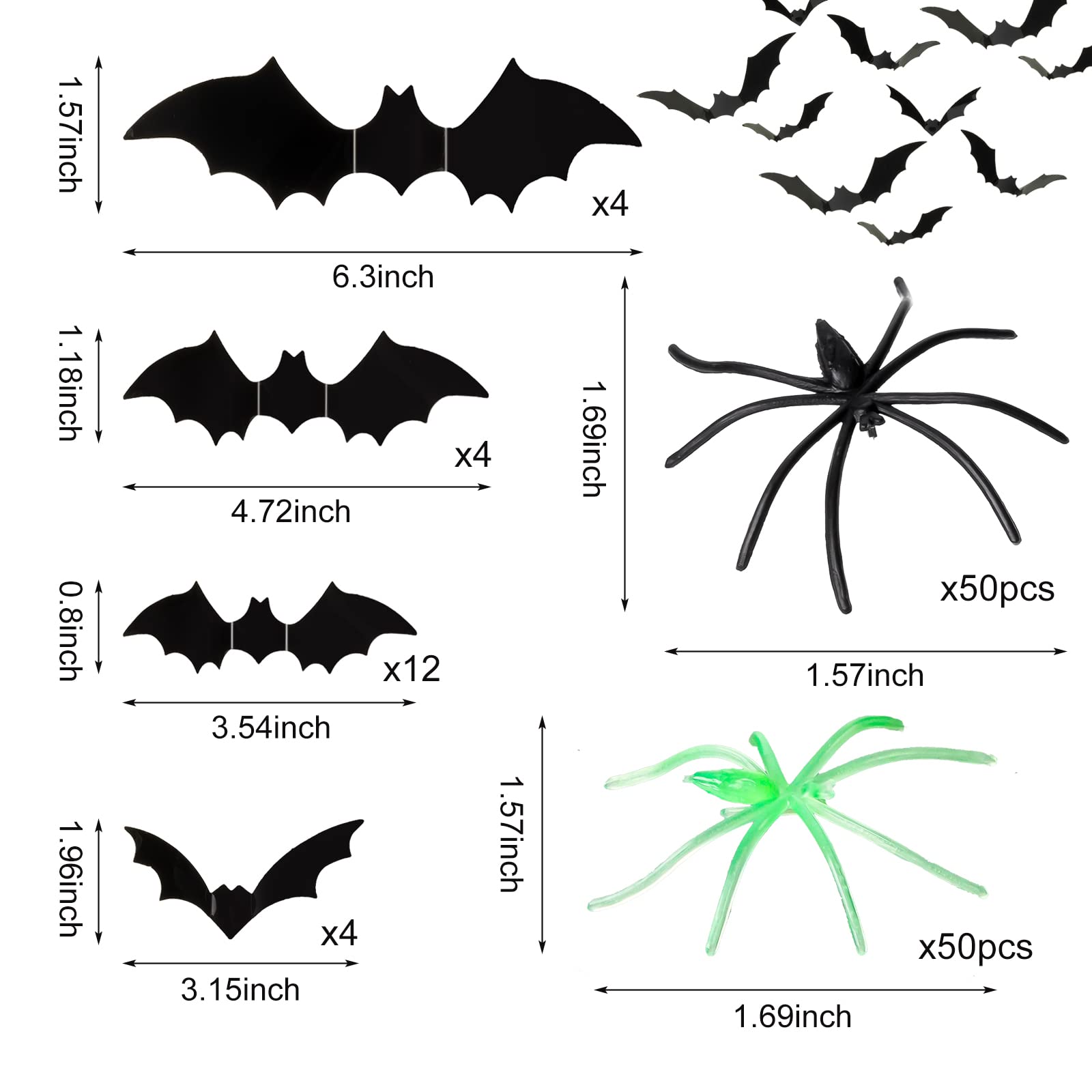 4 Pcs Halloween Glow in The Dark Spider Web Halloween Decorations with 100 Pieces Fake Spiders and 24 Pieces Bat Decor for Halloween Eve DIY Window Home Wall Indoor Outdoor