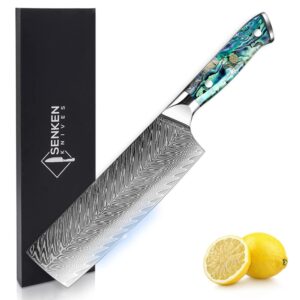 senken damascus steel cleaver knife - umi collection - 67-layer japanese vg10 steel nakiri, real deep-sea abalone shell handle, ruthlessly sharp blade for effortless cutting (damascus cleaver knife)