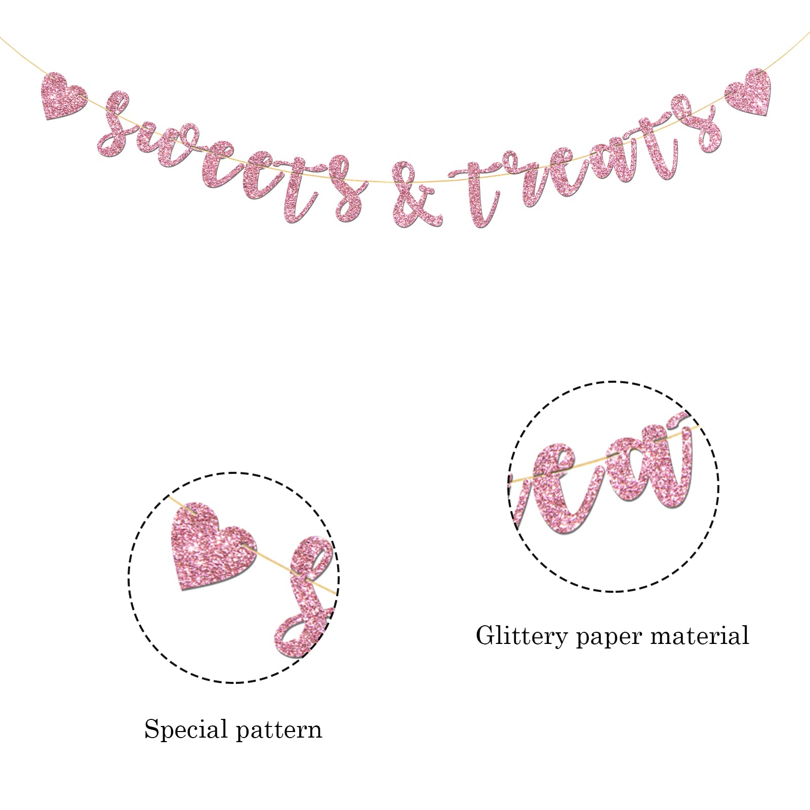 Talorine Sweets & Treats Banner, Bridal Shower, Engaged, Wedding Anniversary, Children Birthday Party Decorations (Pink Glitter)