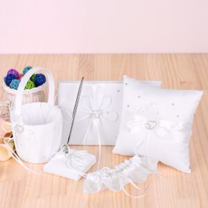 Wedding Supplies Double Heart Satin Flower Girl Basket Ring Bearer Pillow Guest Book Pen Holder Bride Garter Set(Satin-5PCS)