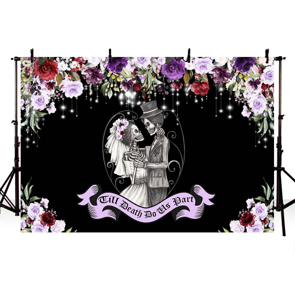 MEHOFOND 7x5ft Halloween Till Death Do Us Part Backdrop for Spooky Wedding Gothic Bridal Shower Background Violet Floral Mr and Mrs Bride and Groom Skull Anniversary Party Decorations Photo Props