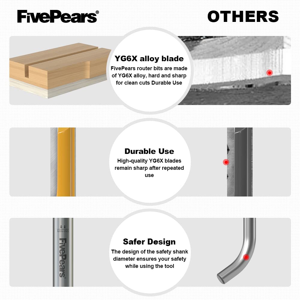 FivePears Pattern Flush Trim Router Bit 1/4 Inch Shank, 1/2 Inch Cutting Diameter, 1/2 Inch Cutting Length, Top Bearing Flush Straight Cut Trim Router Bit for Woodworking