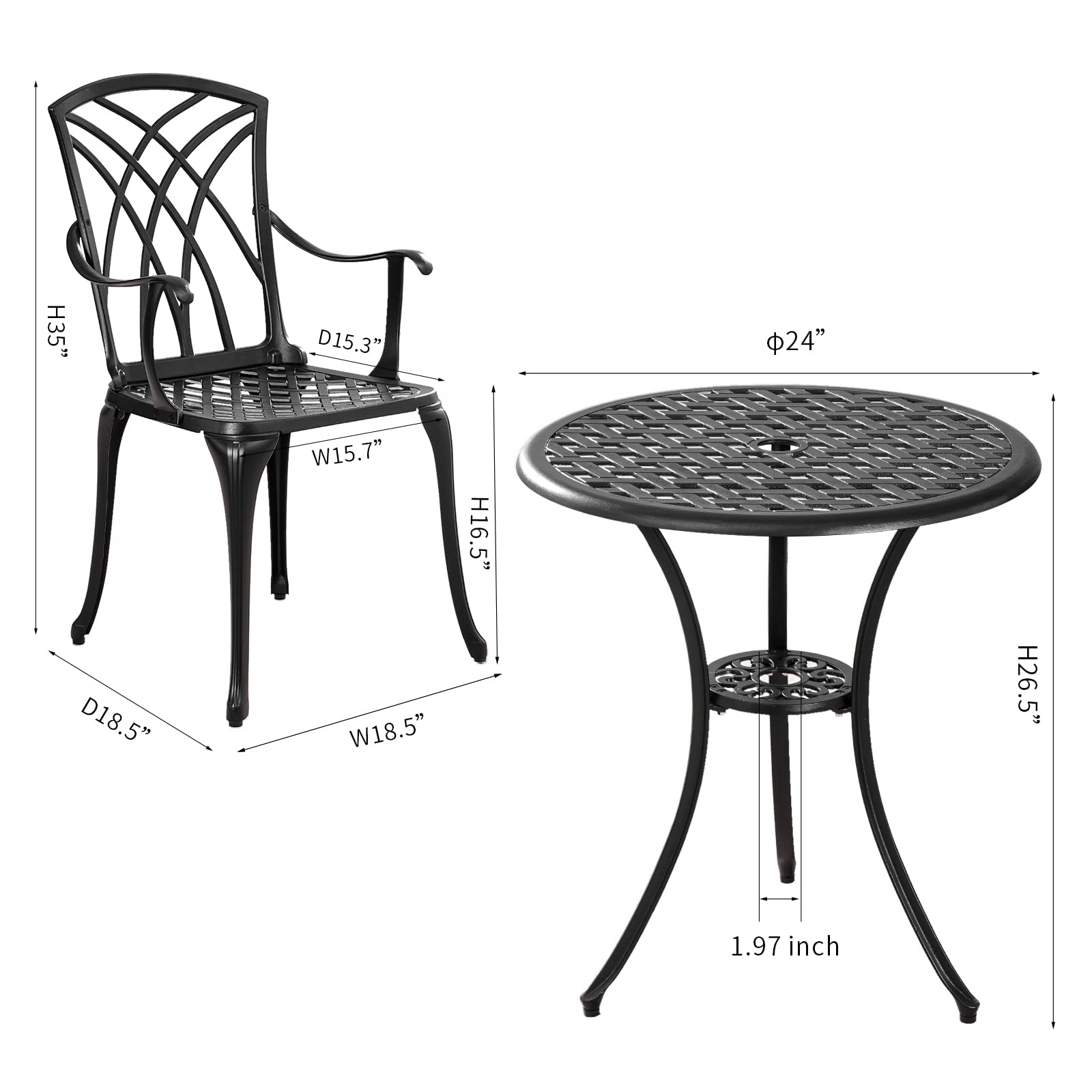 Withniture Bistro Set 3 Piece Outdoor,Cast Aluminum Outdoor Bistro Set,All Weather Bistro Table and Chairs Set of 2 with 1.97" Umbrella Hole,Patio Bistro Sets for Garden(Woven Black)