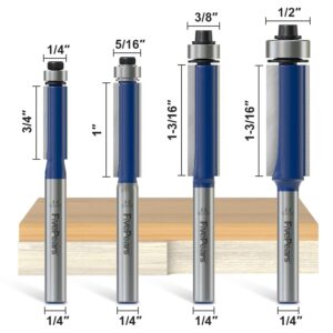 FivePears 4Pcs Flush Trim Router Bits Set 1/4 Inch Shank, Bottom Bearing Flush Cut Trim Router Bit for Woodworking, 1/4", 5/16", 3/8", 1/2" Diameter