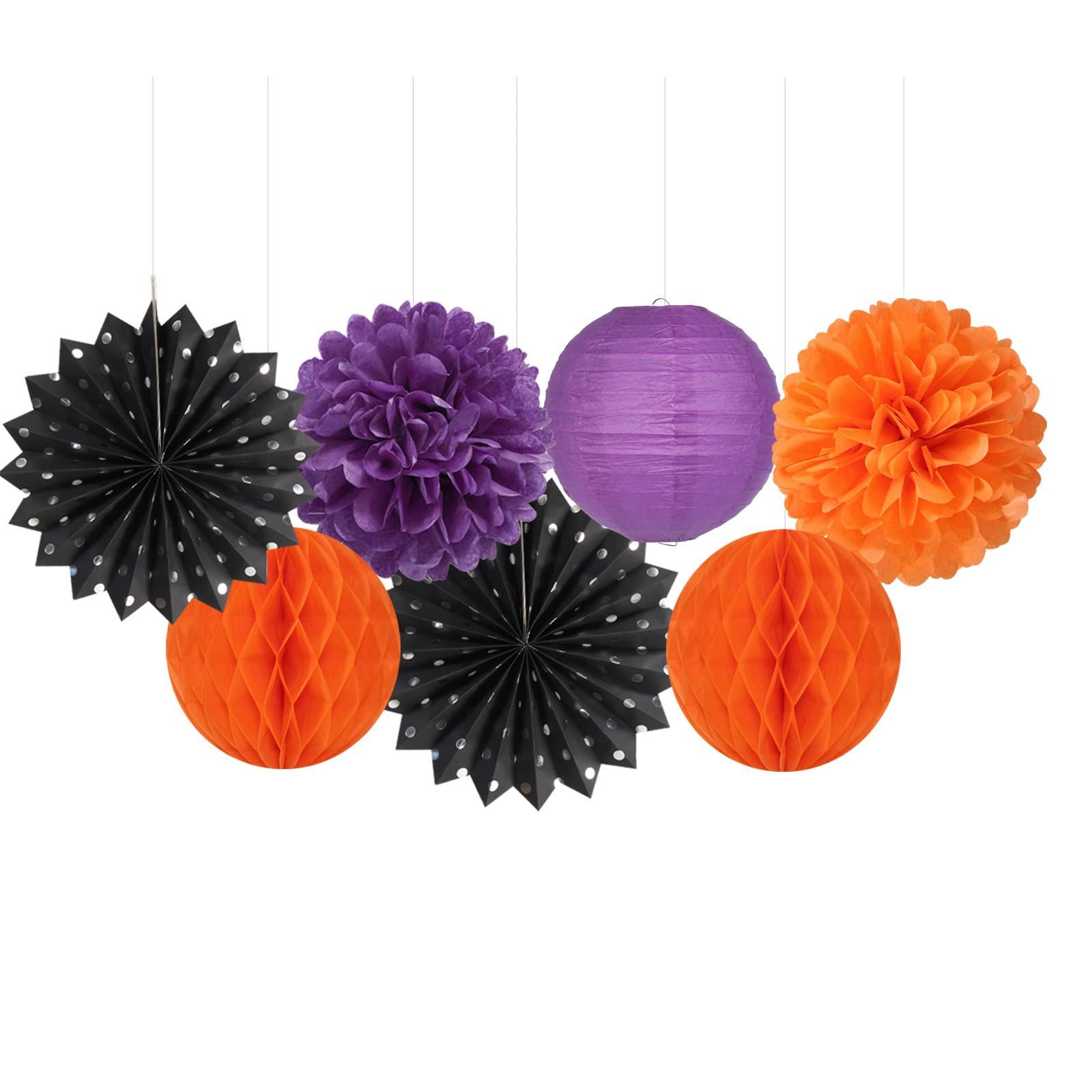 Black Orange Purple Halloween Party-Decorations - 14pcs Kits Paper Lanterns Fan,Tissue Flower Pom Poms Streamers,Honeycomb Balls,Graduation Birthday Wedding Baby Bridal Shower Decor Lasting Surprise