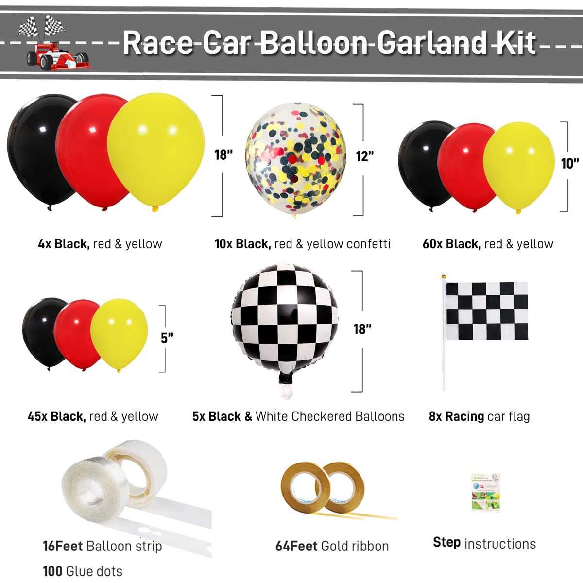 Race Car Balloon Garland Kit Red Black Yellow Latex Confetti Balloons Arch Black White Car Foil Balloons Flag for Baby Shower Cars Truck Party Decorations