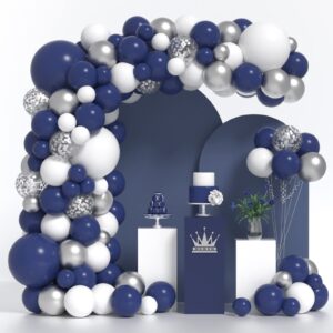 navy blue silver balloons arch kit 130 pcs navy blue balloon garland with white silver confetti latex balloons different sizes for graduation rugby baby shower wedding birthday party decorations