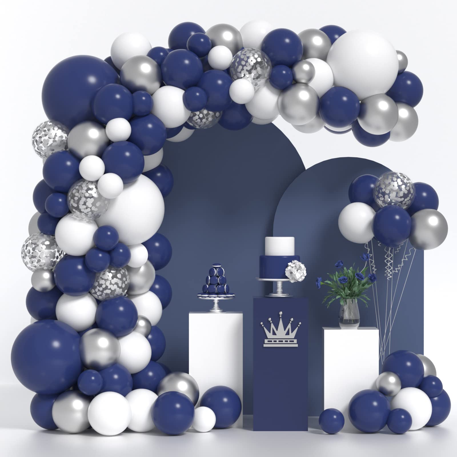 Navy Blue Silver Balloons Arch Kit 130 PCS Navy Blue Balloon Garland With White Silver Confetti Latex Balloons Different Sizes For Graduation Rugby Baby Shower Wedding Birthday Party Decorations