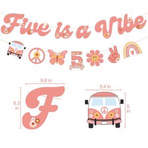 Five is A Vibe banner Groovy 5th Birthday Decorations Hippie Banner Boho Decor Retro Flower Daisy 60's 70's Theme for Kids Girl Boy Bday Party Supplies