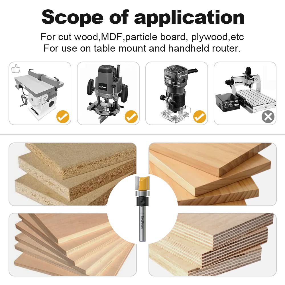 FivePears Pattern Flush Trim Router Bit 1/4 Inch Shank, 1/2 Inch Cutting Diameter, 1/2 Inch Cutting Length, Top Bearing Flush Straight Cut Trim Router Bit for Woodworking