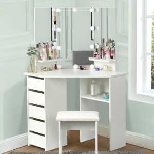 VOWNER Vanity Desk with Mirror and Lights - Vanity with 3 Lighting Options, Adjustable Brightness, Vanity Set with 5 Sliding Drawers, Shelves and Vanity Stool, Corner Vanity for Women Girls, White 43"