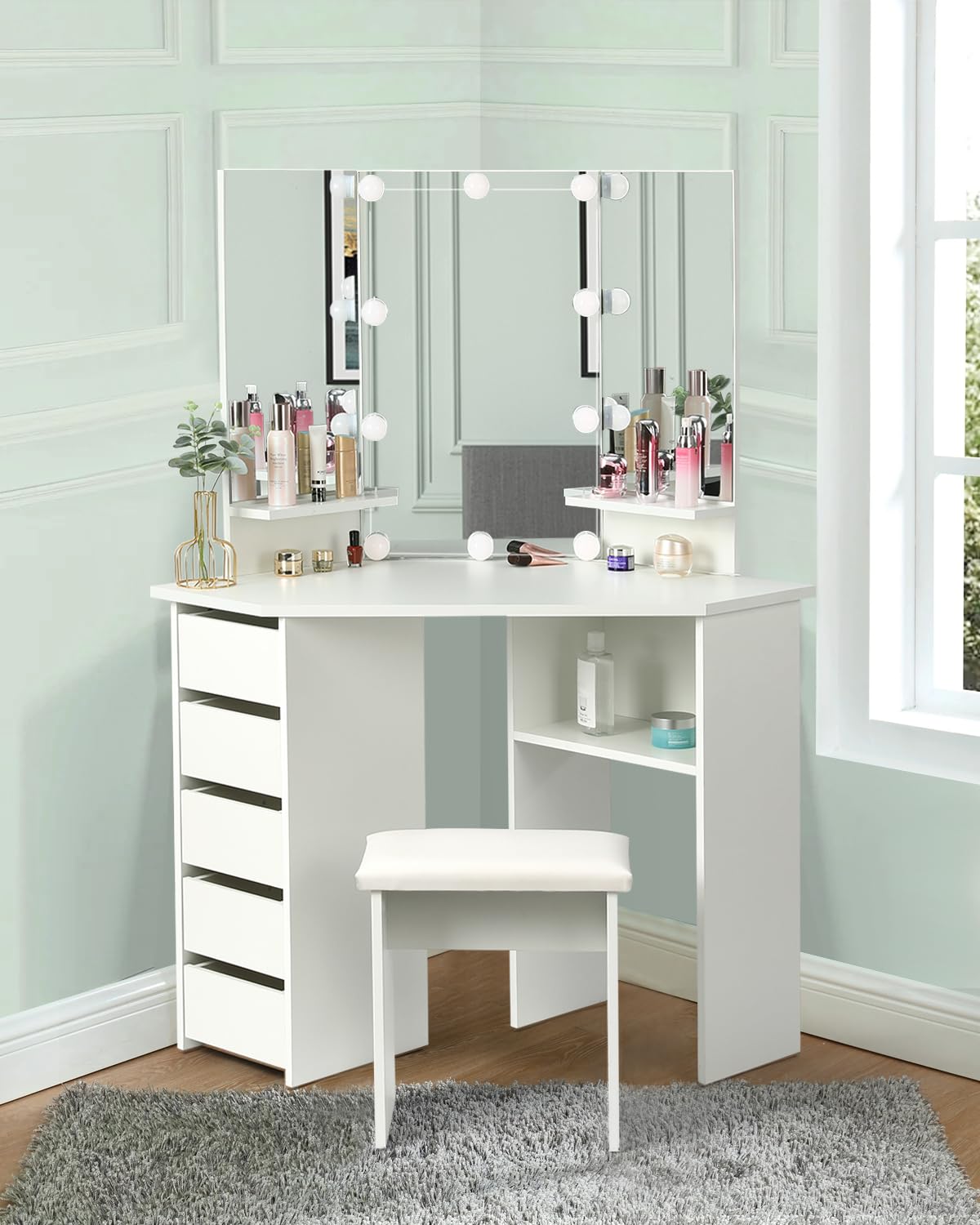 VOWNER Vanity Desk with Mirror and Lights - Vanity with 3 Lighting Options, Adjustable Brightness, Vanity Set with 5 Sliding Drawers, Shelves and Vanity Stool, Corner Vanity for Women Girls, White 43"