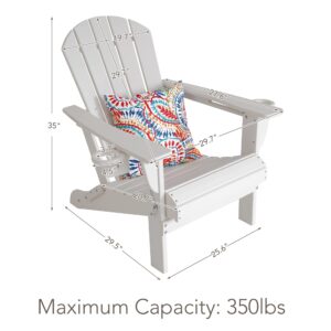 Sundale Outdoor Folding All Weather Plastic Adirondack Chair with 2 Concealable Cup Holder and 1 Stylish Cushion/Pillow, Perfect for Outside Patio Garden Pool Yard Pure White