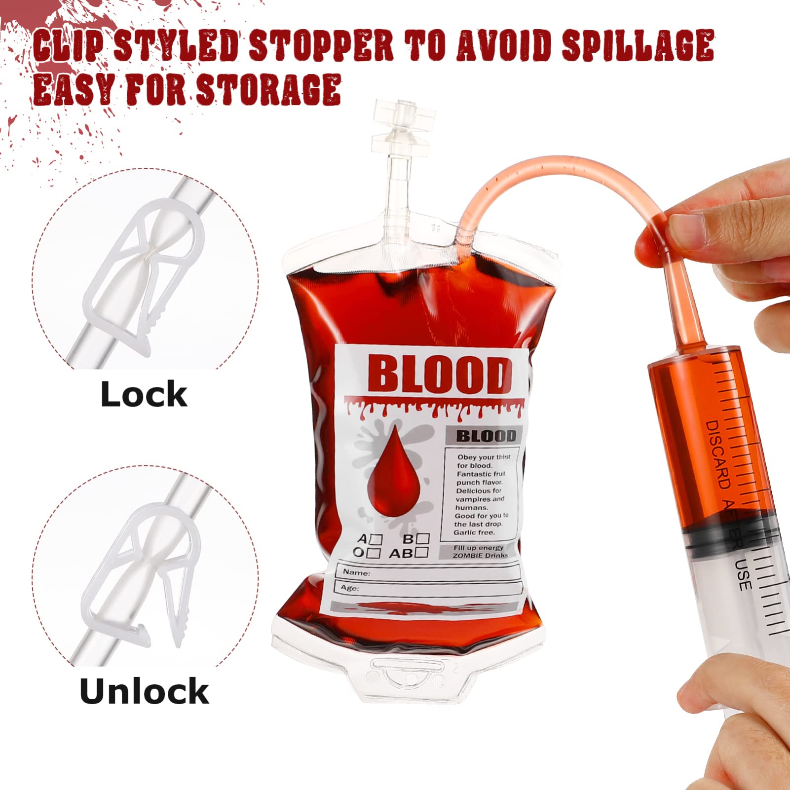 20Packs Halloween Blood Bag for Drinks: 5Design Reusable Drink Pouches Containers Shot and Clips Pouch Prop for Vampire Zombie Hospital Theme Party Supplies