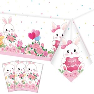 3 pcs easter bunny party supplies tablecloth bunny plastic table covers floral pastel table cloth bunny themed birthday decorations for girl boy birthday spring baby shower party supplies gifts