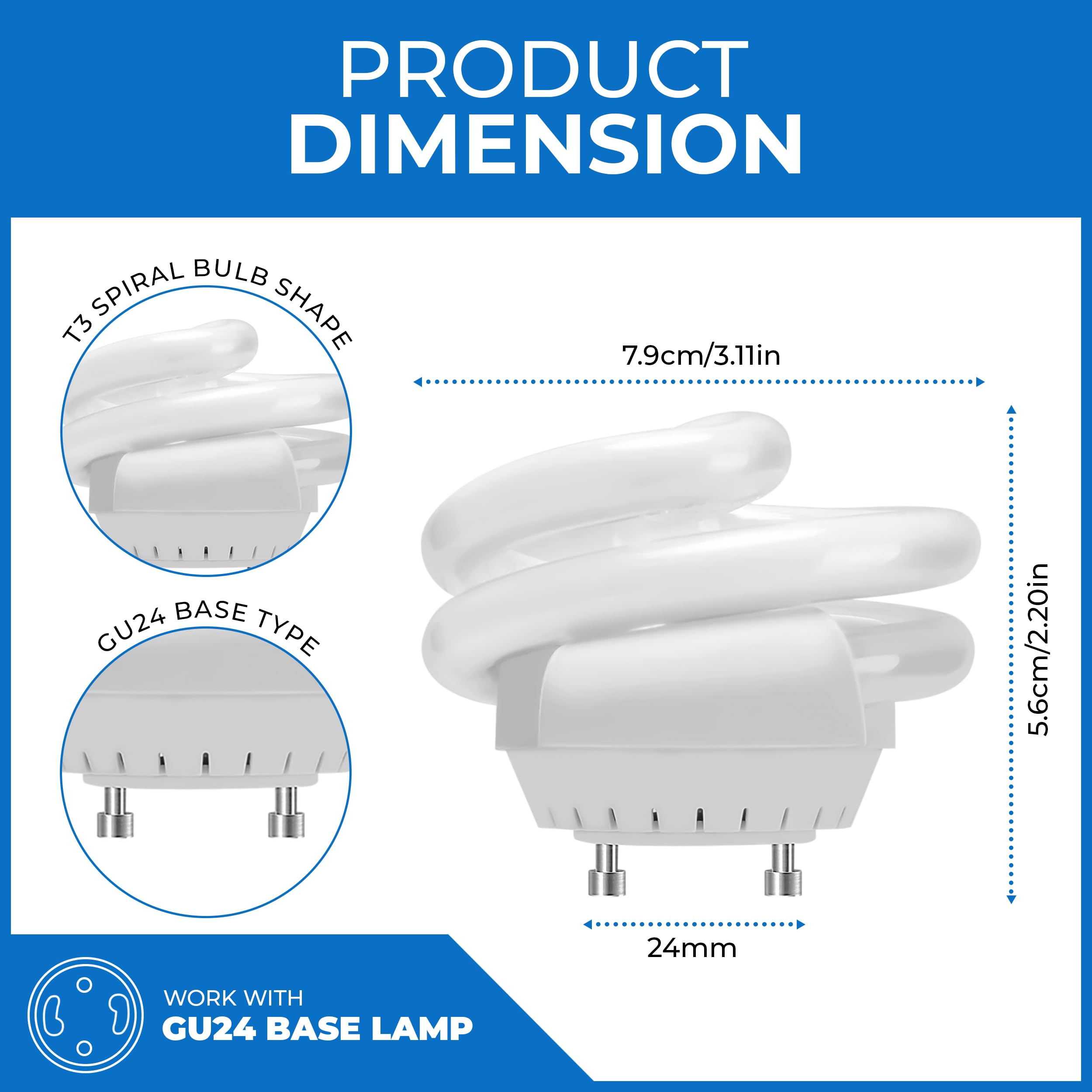 OHLECTRIC 2 Pack - Mini Spiral T3 Compact Fluorescent Light Bulbs - Twist and Lock GU24 Base Light Bulb - 120V - 13W - 800L - Two Pin Fluorescent Bulbs - 2700K - Warm White